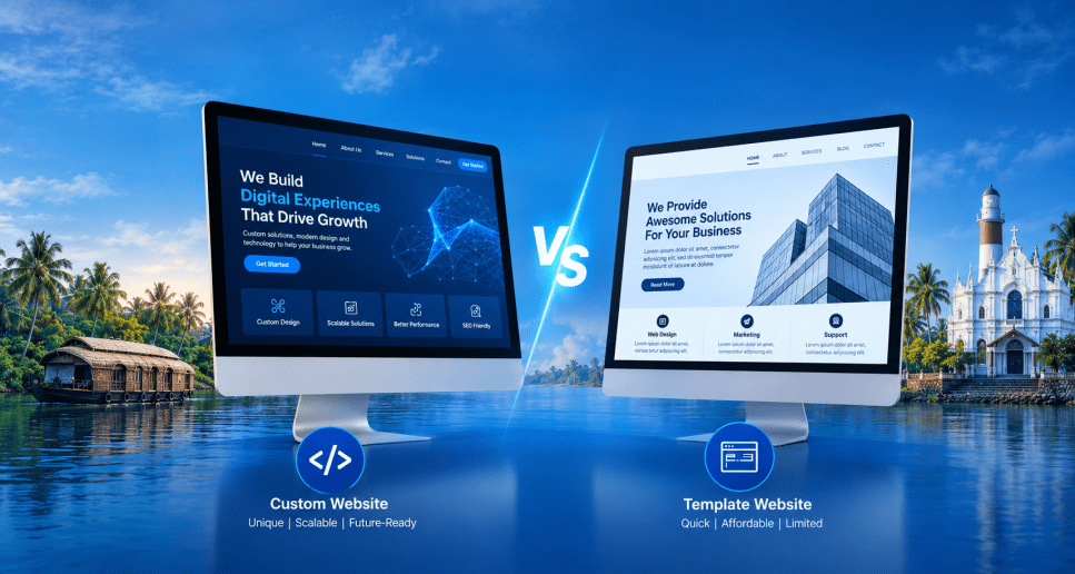 Custom website vs template website for Kerala businesses, featuring modern website designs against a Kerala-inspired blue coastal landscape.