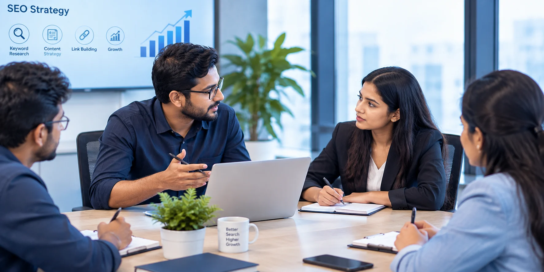 Professional SEO team discussing strategy and reviewing SEO performance during a group meeting in a modern office.SEO Company in Kerala